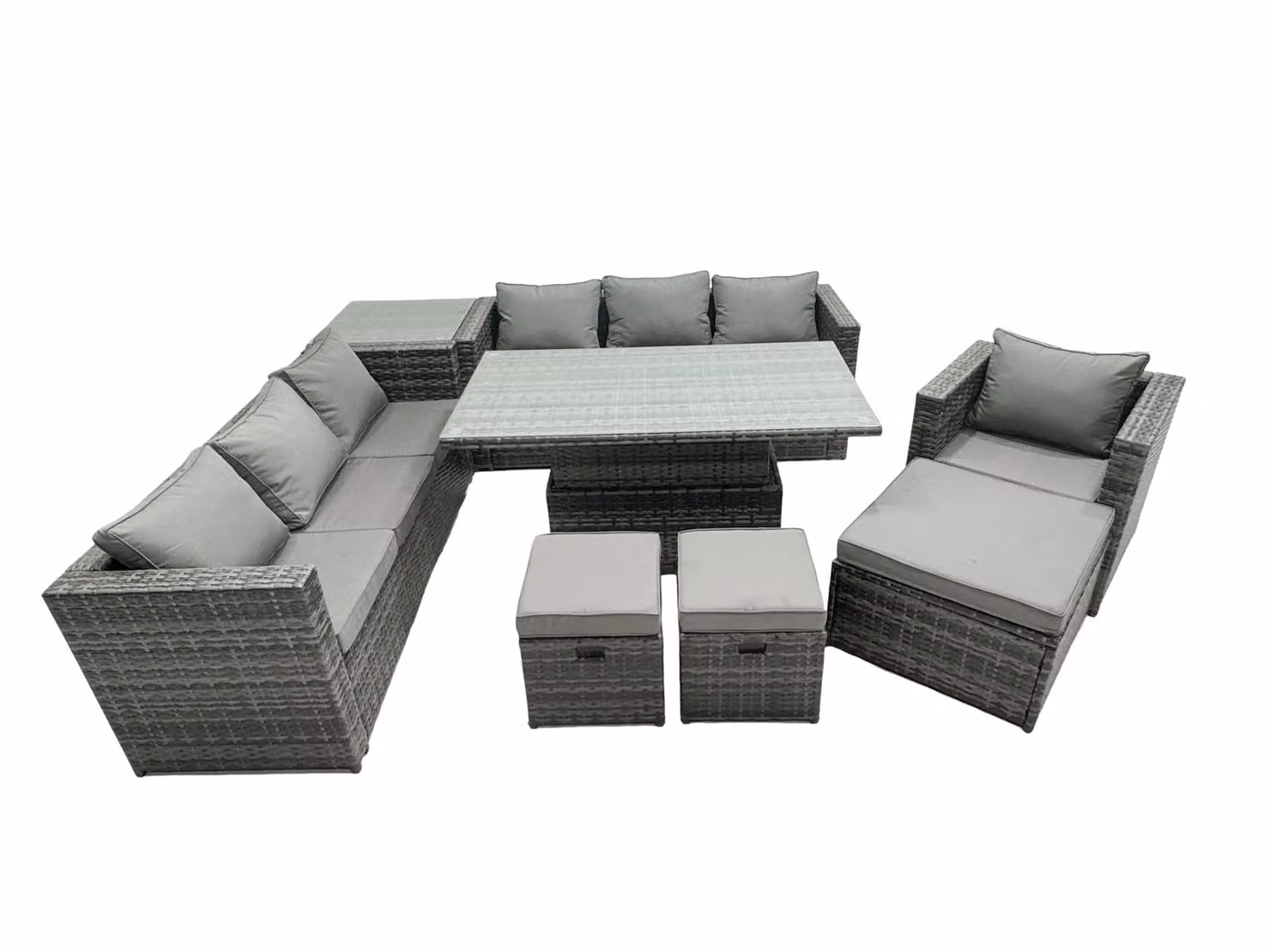 Fimous Rattan Lounge Sofa, Rising Dining Table, Side Table and 3 Footstool Set in Dark Grey – 2