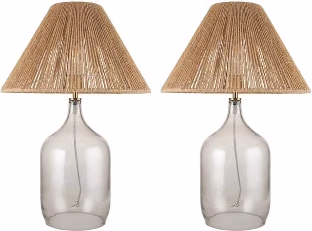First Choice Lighting Kew Set of 2 Smokey Tinted Glass Table Lamps in Grey with Natural Rattan Shades