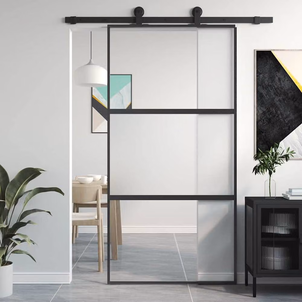 Berkfield Home Black Sliding Door with Transparent Tempered Glass and Aluminium, W: 102.5 cm, H: 205 cm – 2