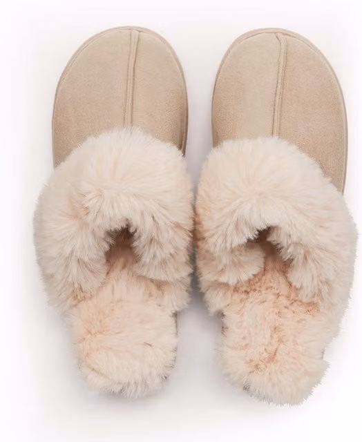 Murmur Tilda Faux Fur Slippers in Grey and Beige, Size 6-7, Linen