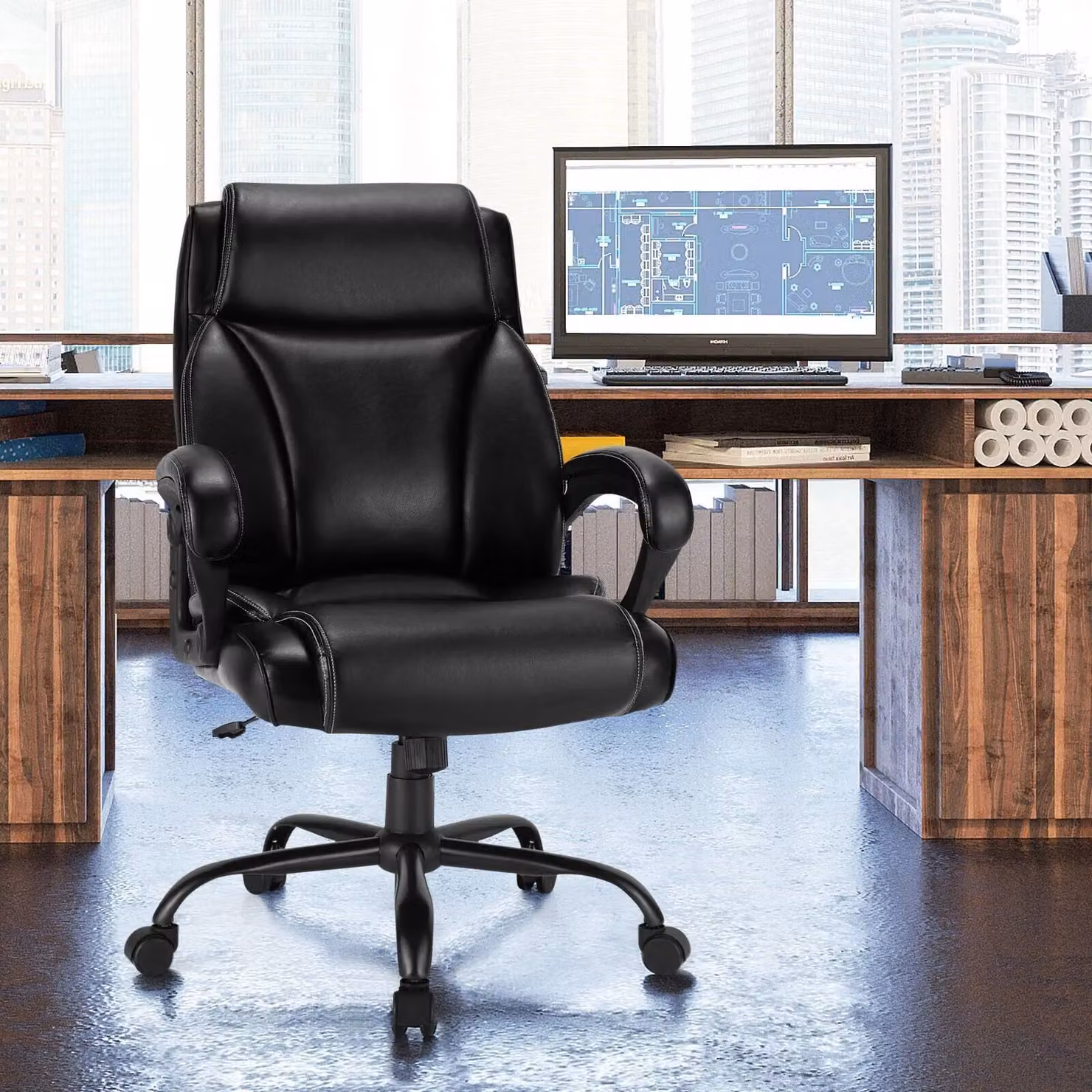 Costway Big and Tall Ergonomic Executive Office Chair in Black Synthetic Leather with Headrest and Rocking Backrest – 4