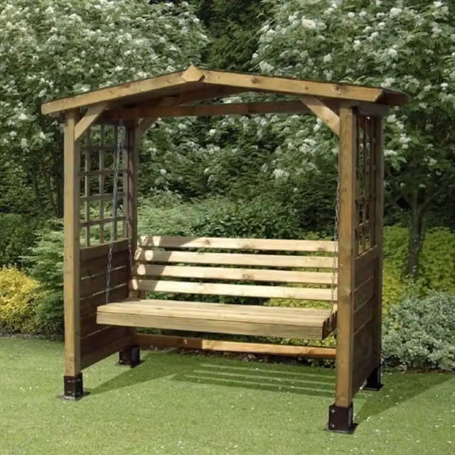 Pantheon Rustic Brown Treated Hardwood Swing Seat Arbour with Sun Canopy