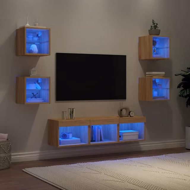 Berkfield Home 7 Piece Modern TV Wall Unit Set with Integrated LED Lighting in Sonoma Oak Brown – 1