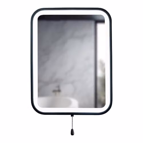 ValueLights Matte Black Rectangular Battery Operated LED Bathroom Mirror with Pull Chain, W/H: 30.5 x 40 cm