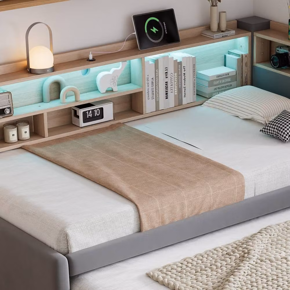 Rolipo Grey Velvet Upholstered Single Daybed with Trundle, Storage, LED Lights and USB Charging Port, W/D/H: 90 x 190 cm – 5