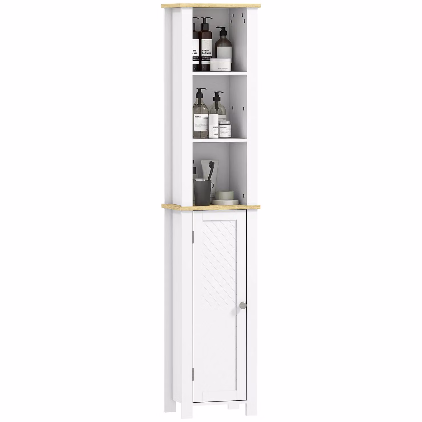 Kleankin Slim Bathroom Storage Unit with Open Compartment and Hinged Doors, White and Grey – 2