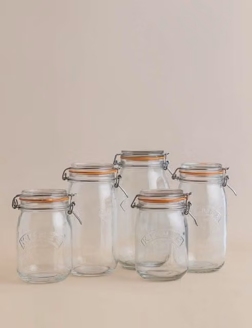 Kilner Set of 5 Transparent Glass Storage Jars with Stainless Steel Clip Lids