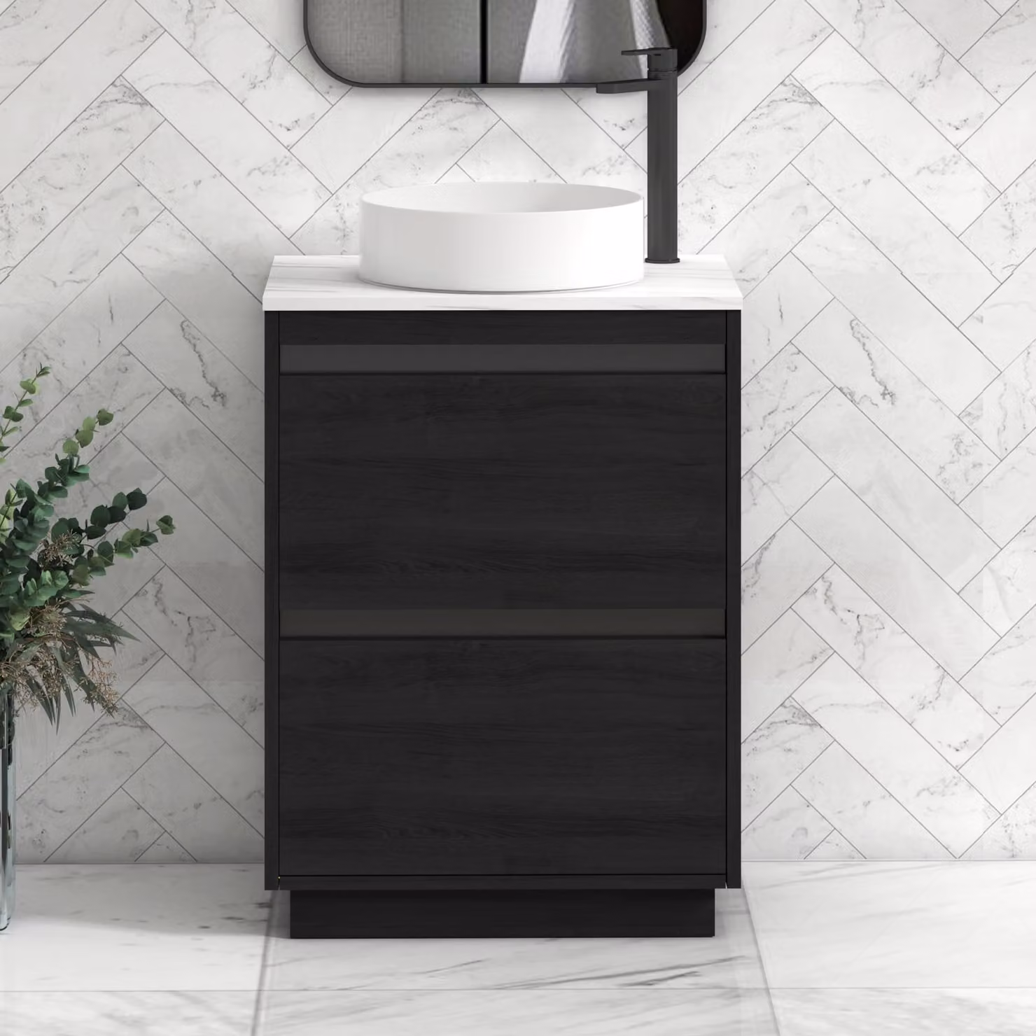 Royal Bathrooms Orion 800mm Hale Black Floor Standing Vanity Unit with Carrara White Countertop, 2 Drawers and Art Basin