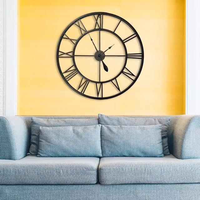 WALPLUS Black Metal Oversized Roman Numerals Analog Quartz Wall Clock, Diameter: 97 cm, Depth: 9 cm