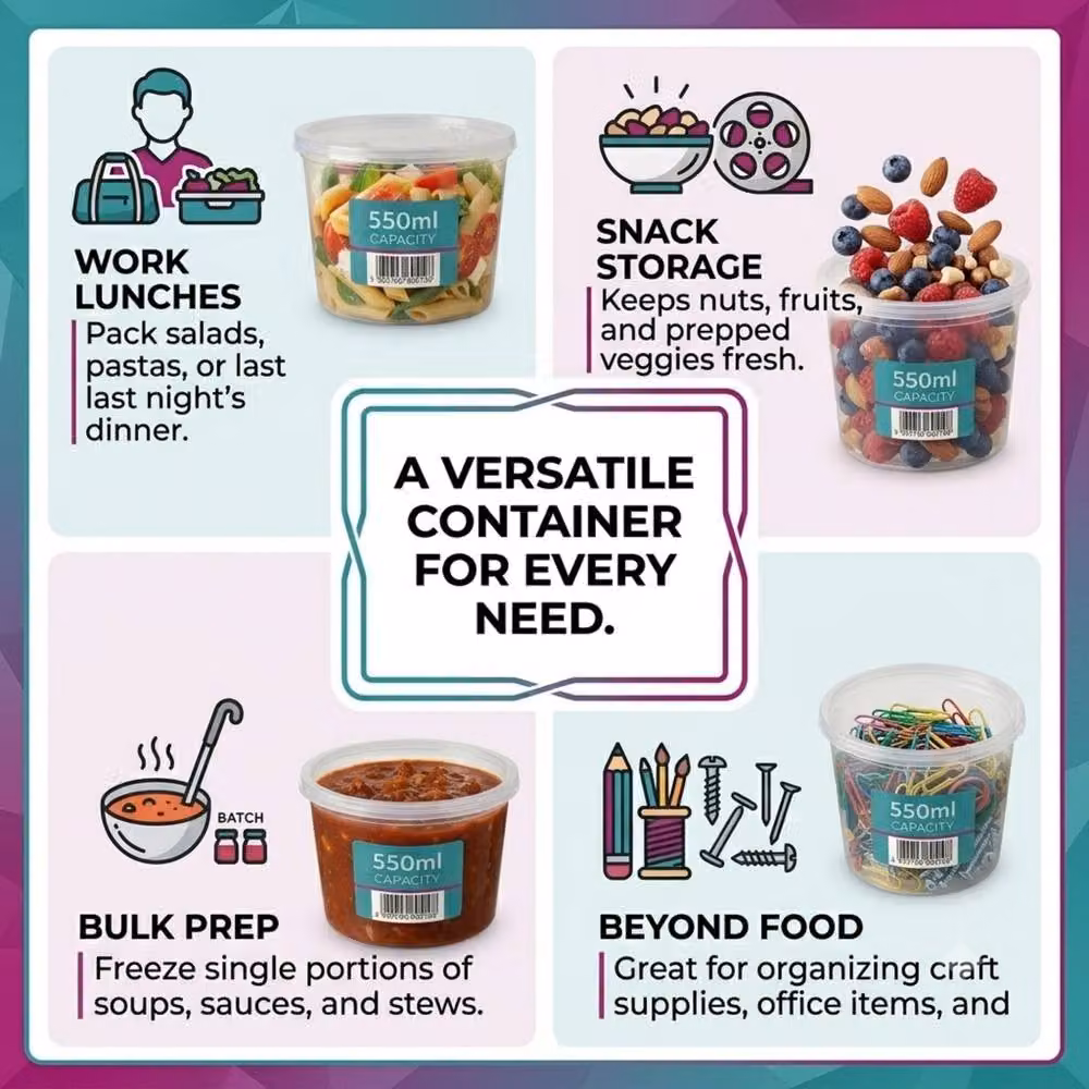 Bedsland 25 Pack Round Plastic Food Storage Containers with Leakproof Snap Lids, 550ml, Clear – 4