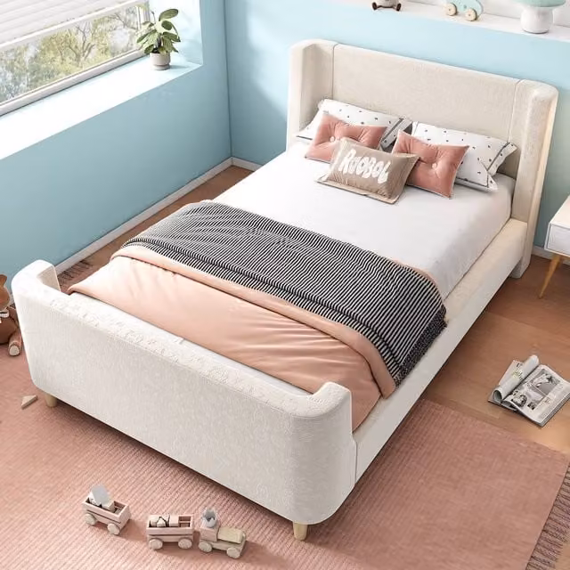 ModernLuxe Upholstered Single Bed in Beige Velvet with Abstract Pattern, W/D/H: 90 x 190 cm