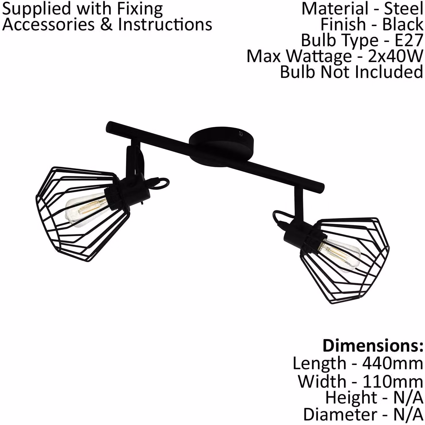 Loops Black Geometric Cage Metal Twin Ceiling Spot Light and 2x Matching Wall Lights Set – 2