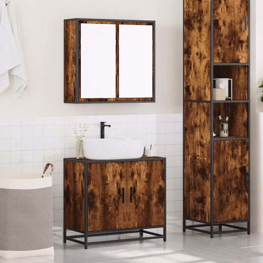 Berkfield Home 2 Piece Industrial Bathroom Furniture Set in Smoked Oak Brown featuring a Vanity Unit and Mirror Cabinet – 3