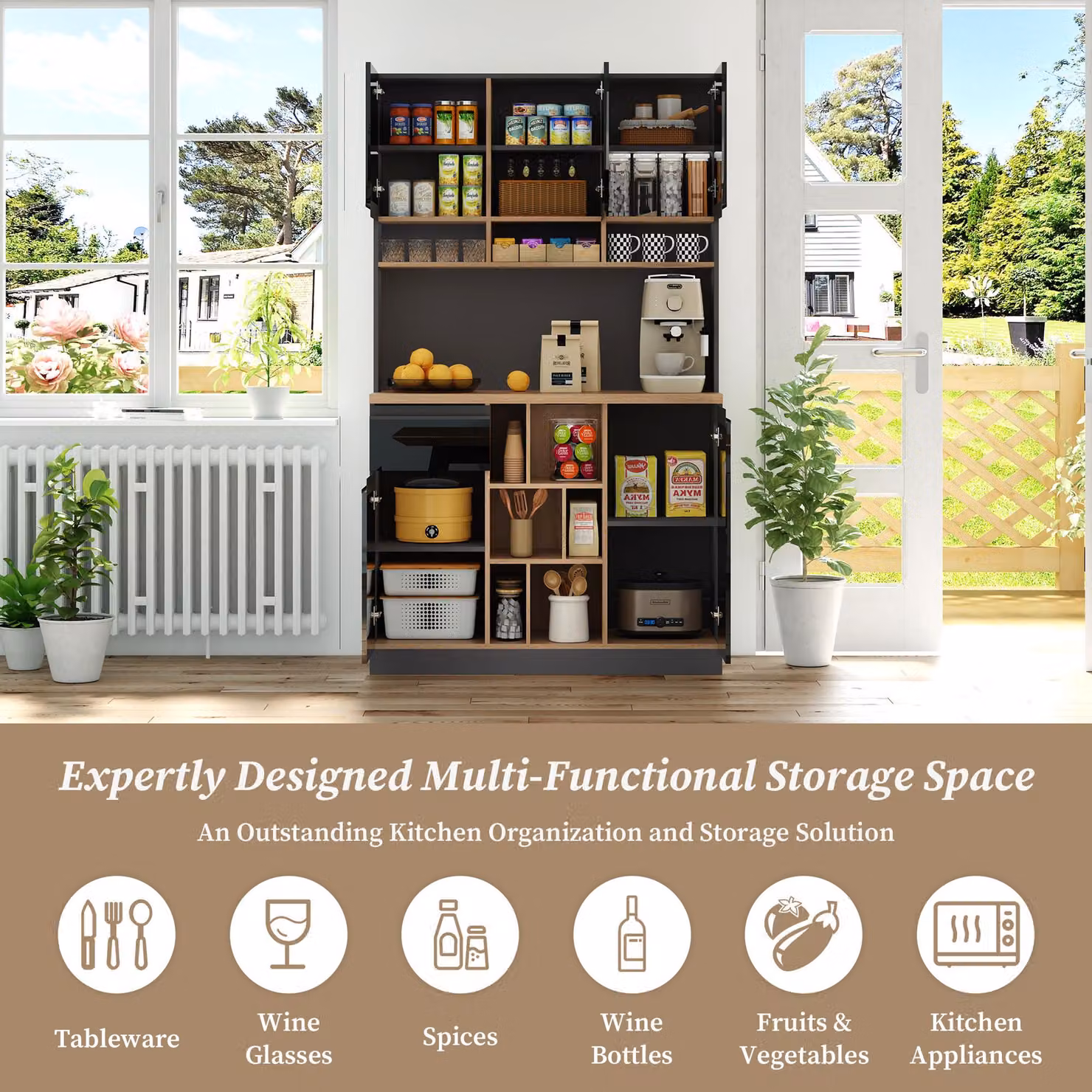 Aosom UK Modern Kitchen Cabinet and Sideboard with 3 Drawers and Adjustable Shelves, Black and Natural, H x W x D: 185 x 105 x 45 cm – 3