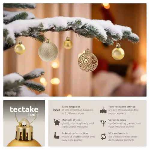 tectake 100-Pack Gold Christmas Baubles with Round Plastic Design for Hanging Ornaments – 3
