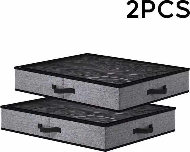 Komore 2-Piece Set of Foldable Non-Woven Fabric Underbed Storage Baskets with Handles in Black and Grey