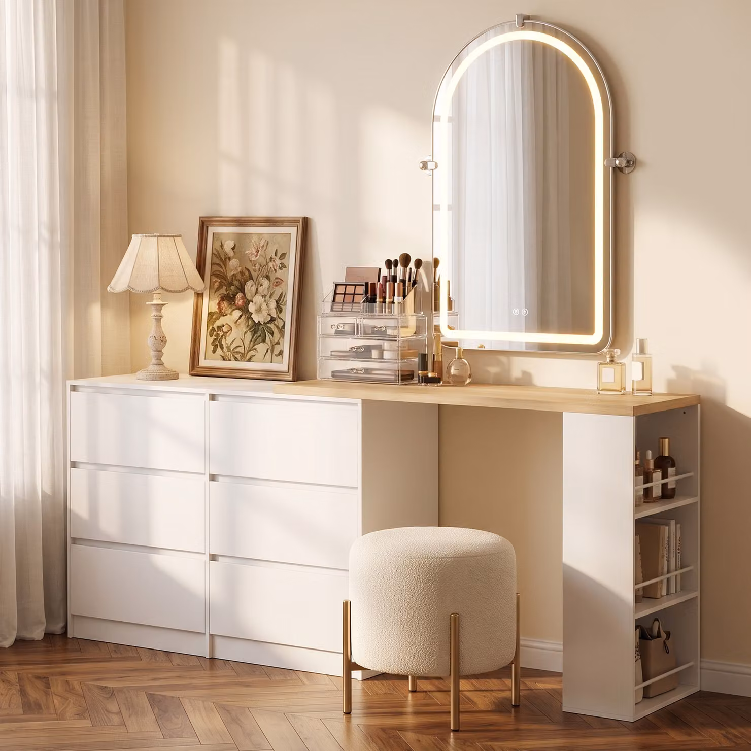 HOMCOM White Drop Leaf Vanity Table with 6 Drawers and 3-Tier Shelf, W/D/H: 130 x 40 x 80 cm – 4