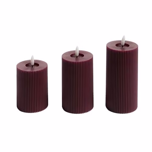 OHS Set of 3 Ribbed Flickering LED Battery Operated Flameless Pillar Candles in Red or Purple, H: 10.0 cm, W: 7.5 cm, D: 7.5 cm – 1
