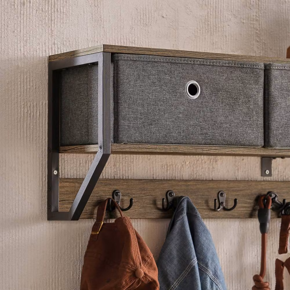 SoBuy Industrial Wall-Mounted Coat Rack with 7 Hooks and 3 Baskets in Dark Grey – 4