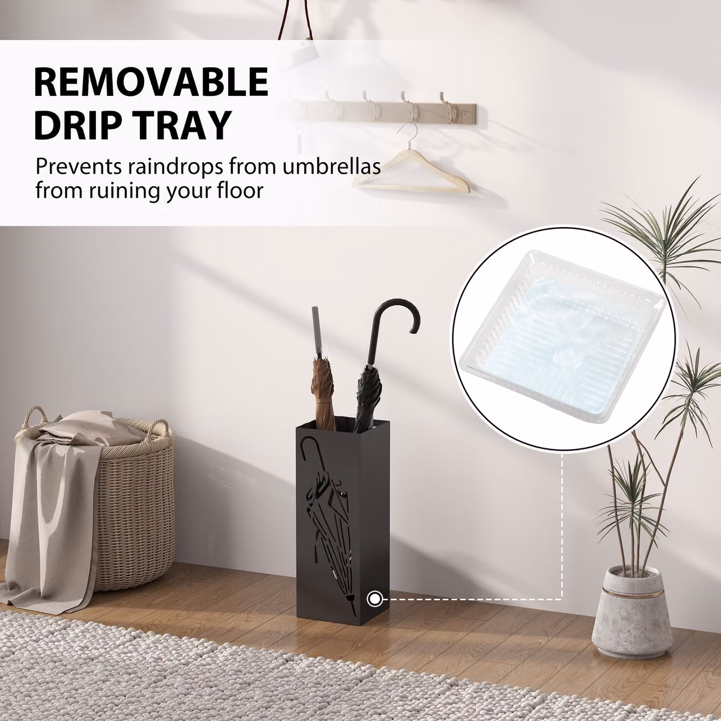 HOMCOM Metal Umbrella Stand in Black with 4 Hooks and Removable Drip Tray, W/D/H: 15.5 x 15.5 x 41 cm – 4
