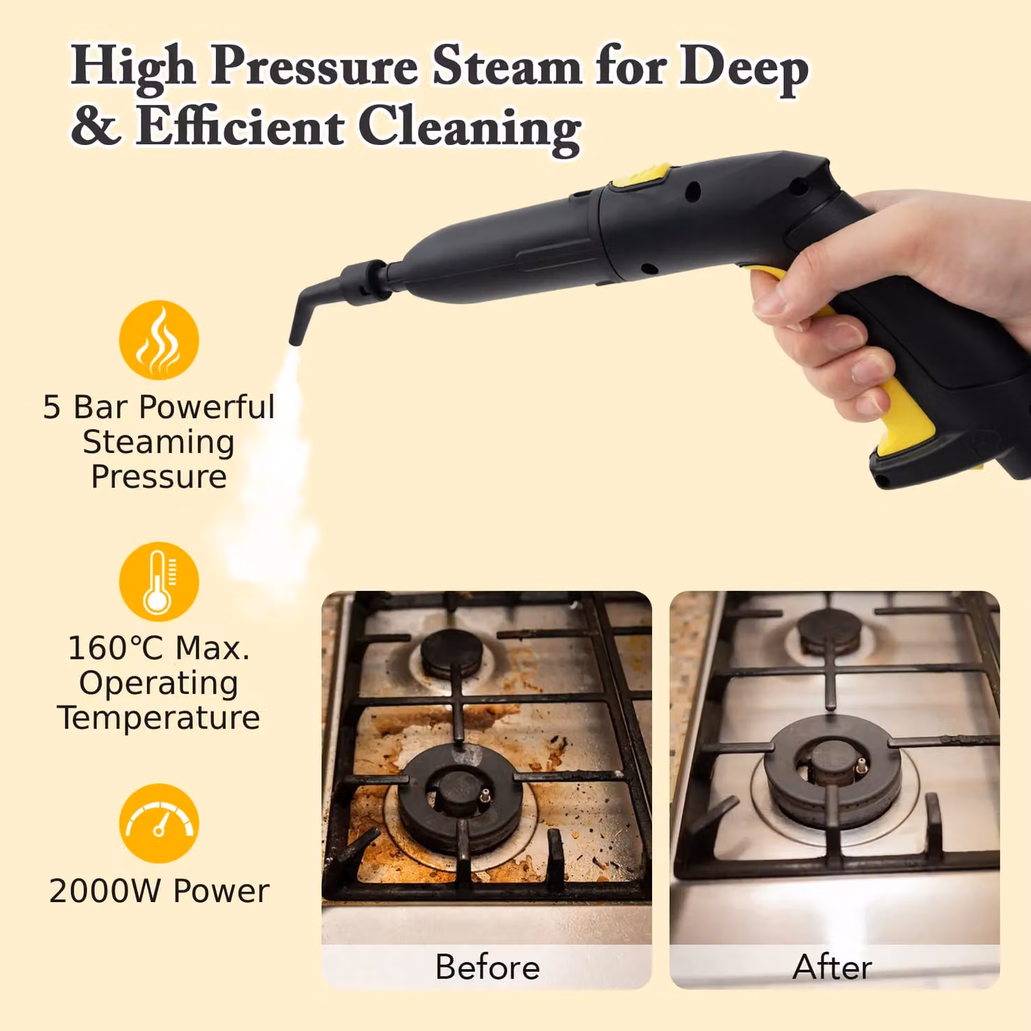 Costway Handheld Steam Cleaner with 1.8L Water Tank, 2000W, Yellow – 8