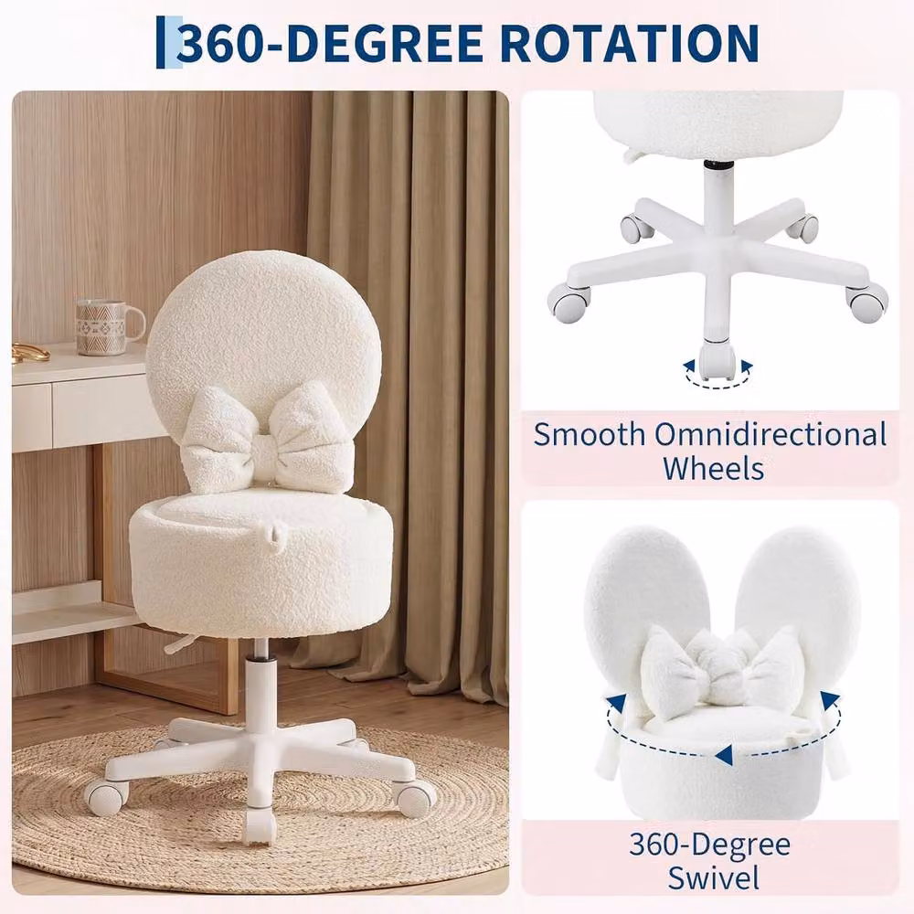 London Boutique White Bouclé Rolling Vanity Chair with Storage and Castors – 4