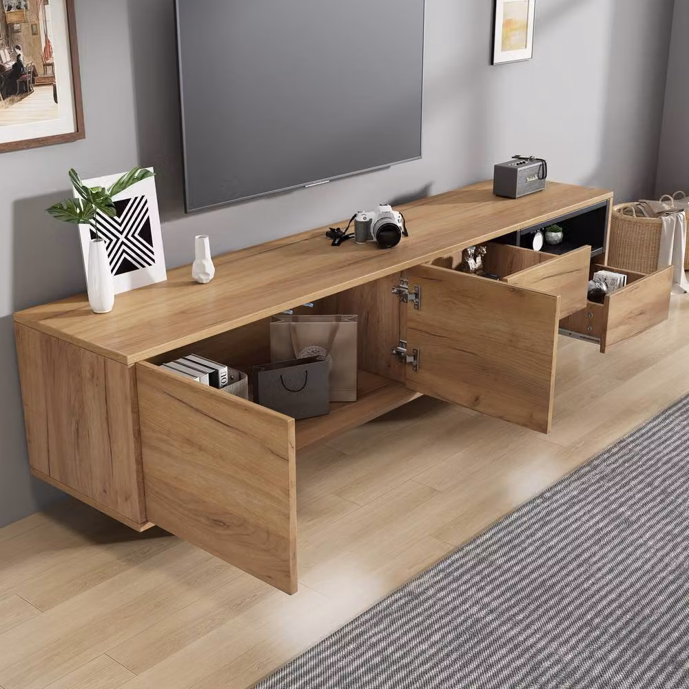 Merax Modern Low TV Stand with Drawers and Open Shelving in Natural, W: 173 cm, D: 48 cm, H: 48 cm – 6