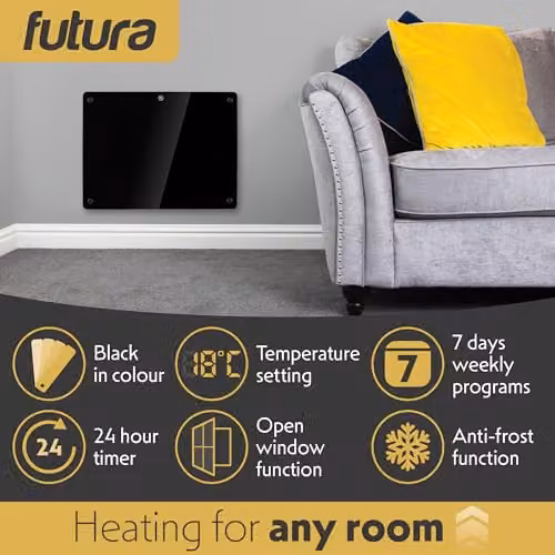 Futura 1000W Black Glass Electric Convector Panel Heater, Wall Mounted or Freestanding with Timer and Thermostat – 3