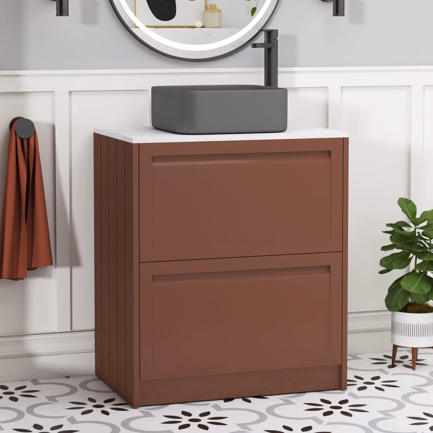 Royal Bathrooms Elmore 700mm Terracotta Clay Floor Standing Countertop Vanity Unit with 2 Drawers and Art Square Basin