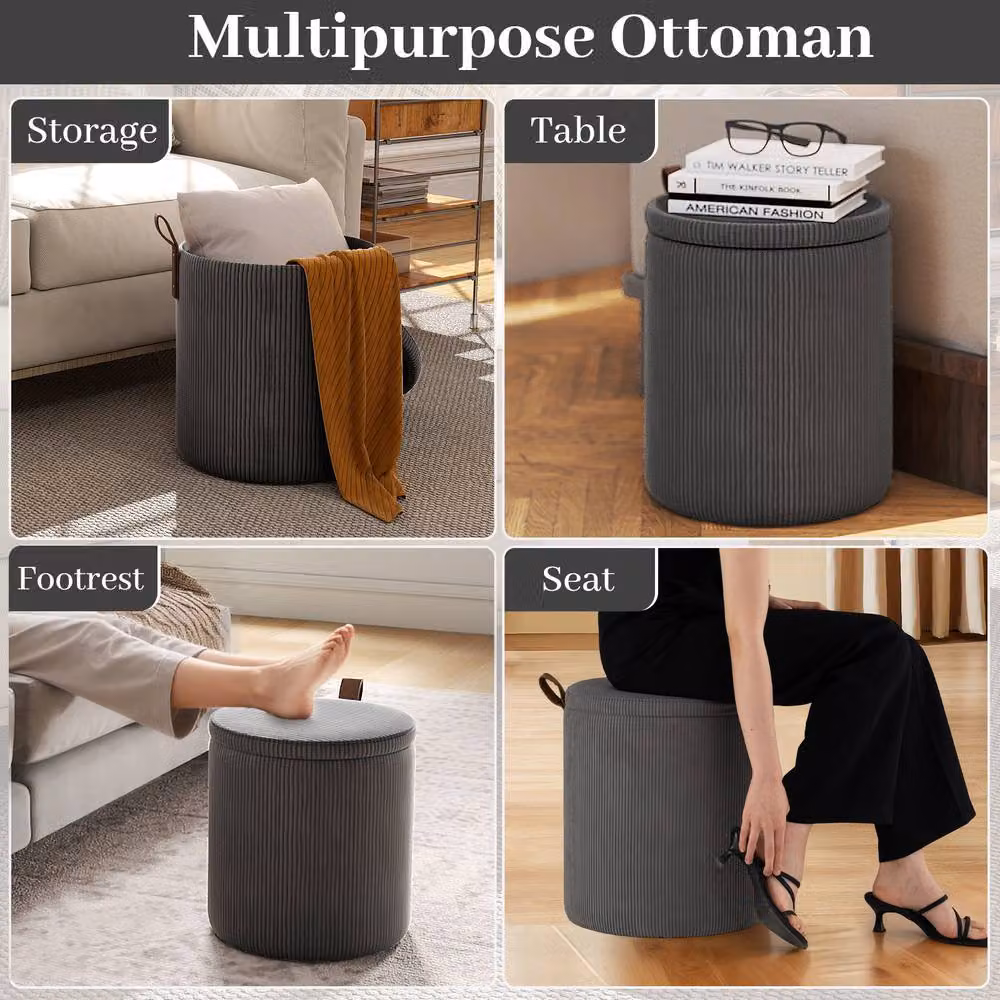 Costway Set of 2 Modern Round Upholstered Vanity Stools with Removable Lids in Grey – 5
