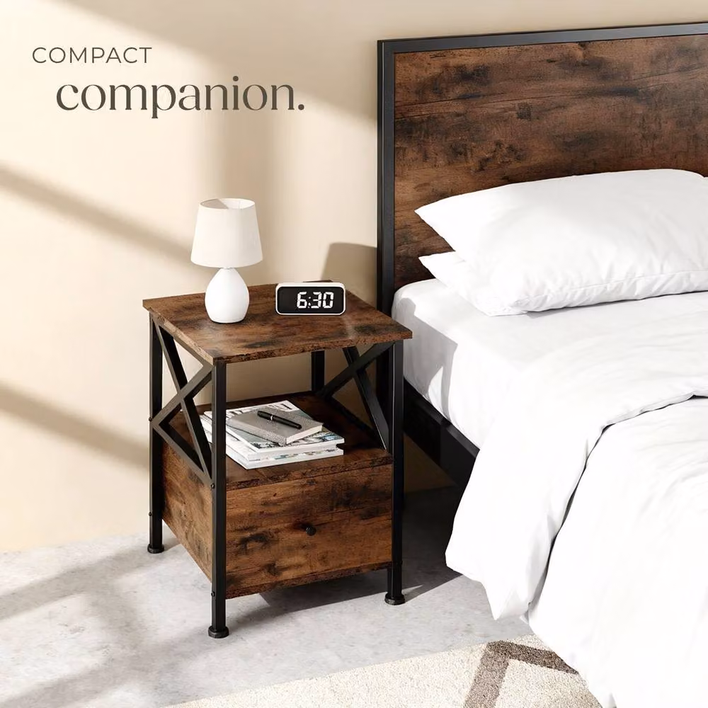 tectake Falkirk Bedside Table with 2 Shelves and 1 Drawer in Brown – 8