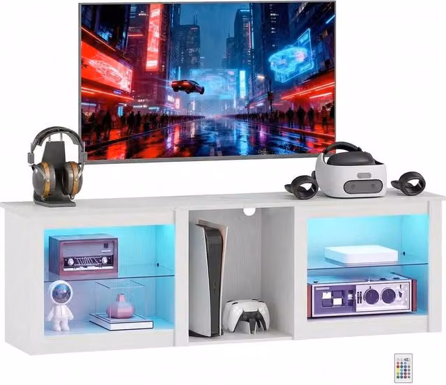 FORGEVIO Modern White TV Unit with Integrated LED Lights and Glass Details, W: 160 cm, D: 35 cm, H: 51.7 cm