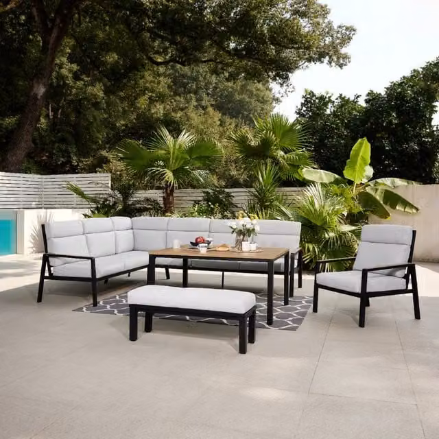 GRS Global Trevi Corner Garden Sofa Set with Chair and Bench in Grey and Black