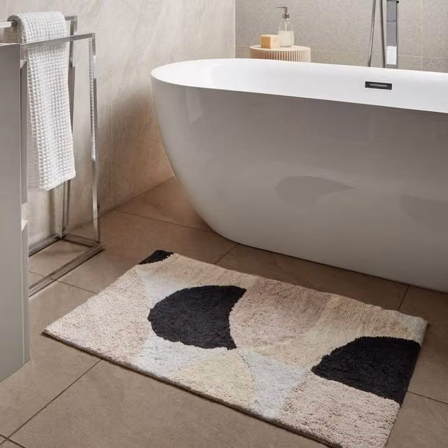 Wyld and Coco Beige and Multicolour Cotton Bath Mat with Modern Graphic Design, W: 60 cm, D: 90 cm
