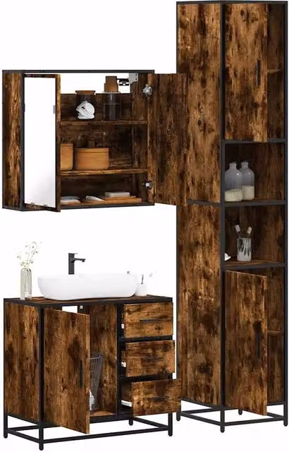 Berkfield Home 3 Piece Industrial Bathroom Furniture Set in Smoked Oak Brown – 1