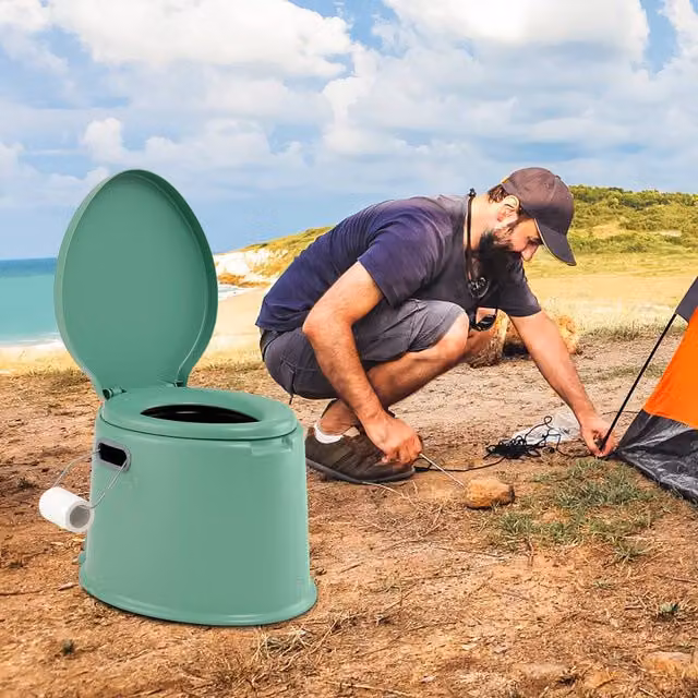 Costway Portable Travel Camping Toilet with Detachable Inner Bucket, Green, W/D/H: 49 x 41 x 34 cm – 1