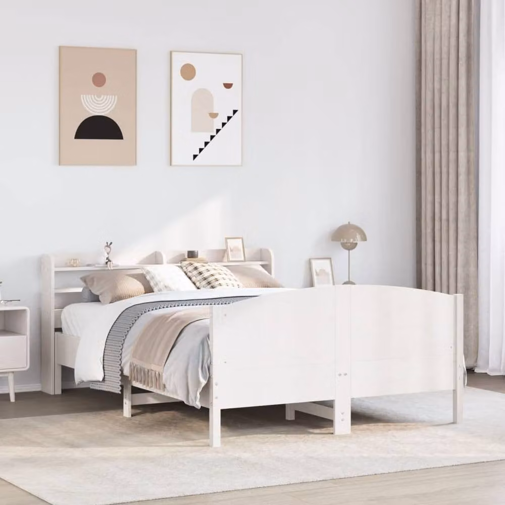 Berkfield Home Rustic White Solid Pine Bed Frame with Side Compartments W/D/H: 140 x 200 cm