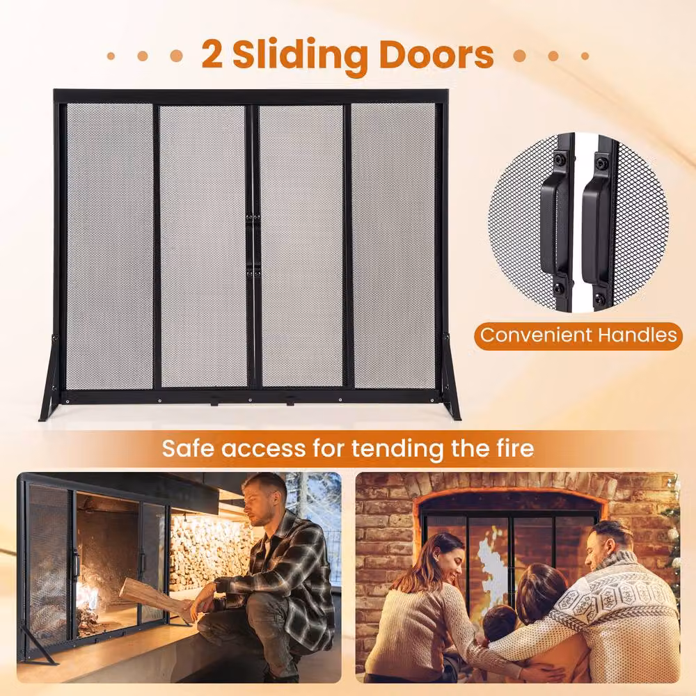 Gymax Fireplace Screen Spark Guard Protector with 2 Sliding Doors, Black – 8