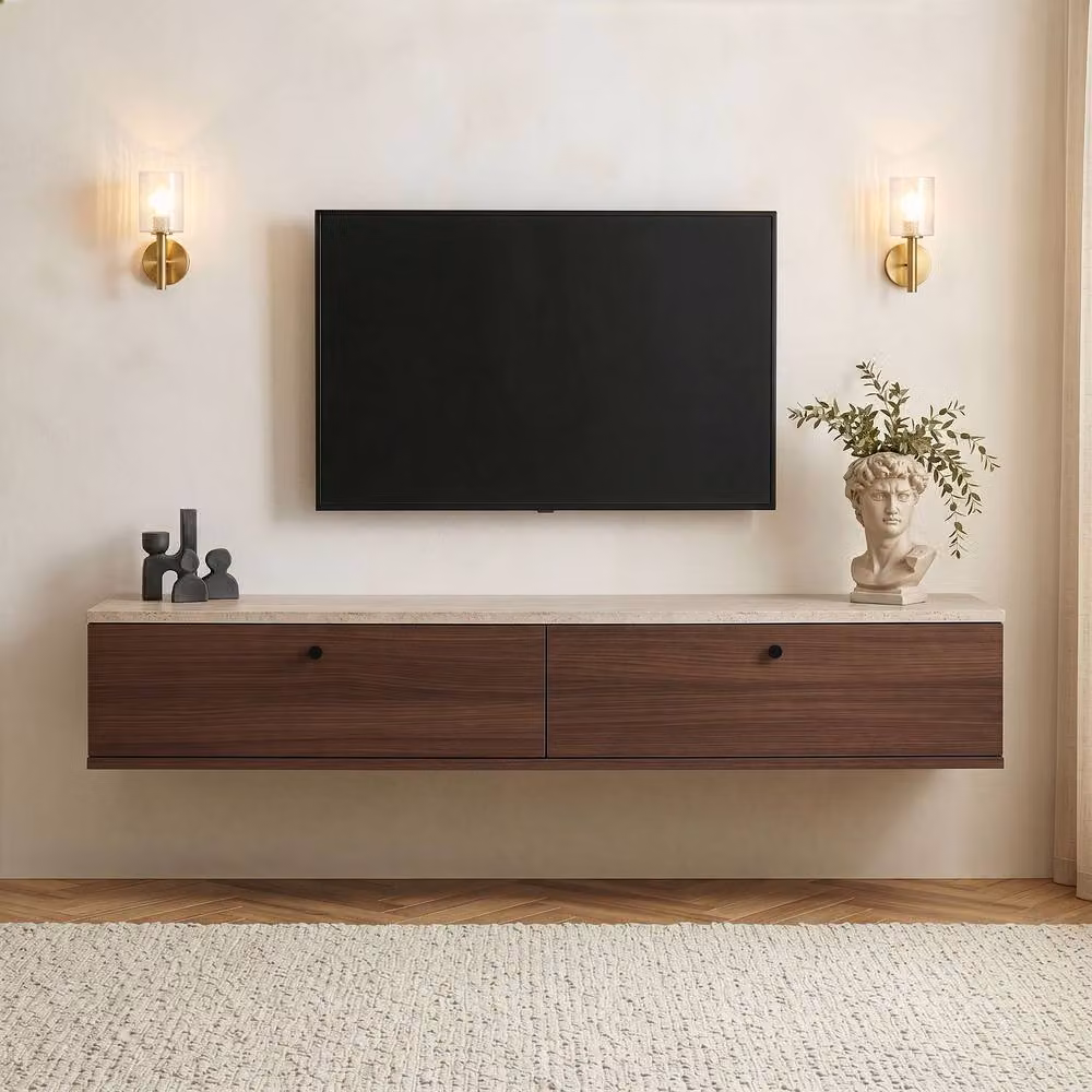 CALICOSY ROY Wall-Mounted TV Unit with 2 Drop-Down Doors in Walnut Brown, Width: 160 cm – 2