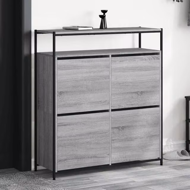 Berkfield Home Modern Grey Shoe Cabinet with 4 Tilting Compartments W: 100 cm, D: 34 cm, H: 112 cm