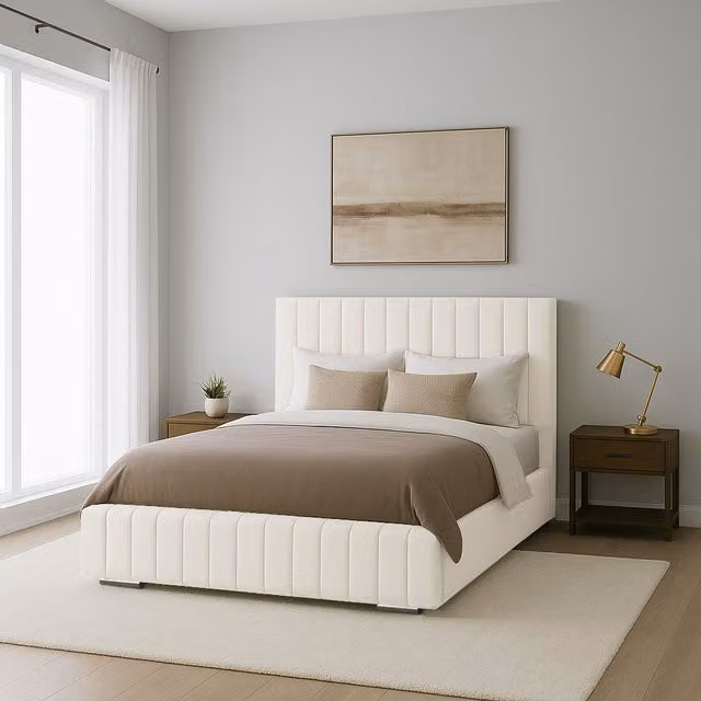 Desire Deco Ammara Upholstered Velvet Bed Frame in Yellow and White, W/D/H: 200 x 200 cm