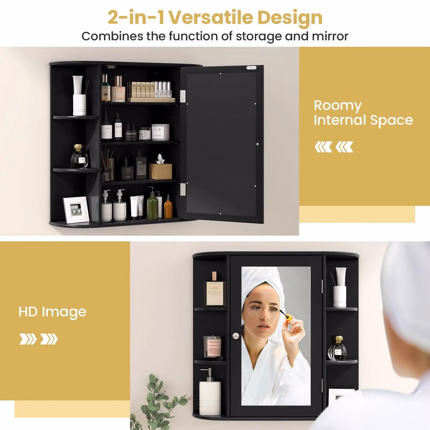 Gymax Black Mirrored Wall Mounted Medicine Cabinet with Adjustable Internal Shelves and Hinged Glass Doors – 2