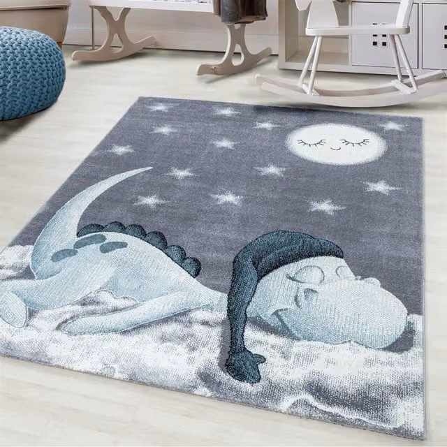 Bravich Blue Dinosaur Nursery Rug for Childrens Rooms