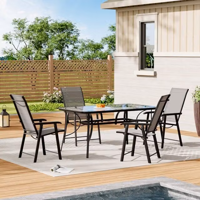 Livingandhome Modern Black Outdoor Bistro Set with Rectangular Glass Table and 4 Folding Chairs