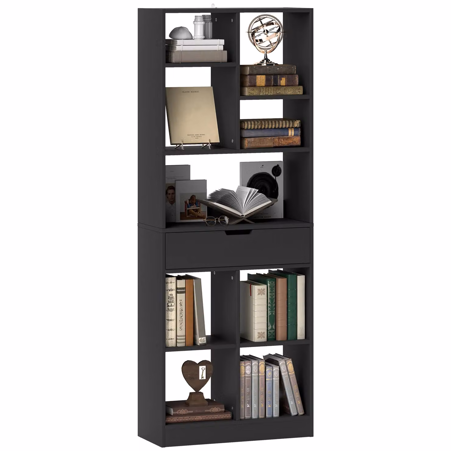HOMCOM Modern Freestanding Bookcase Display Shelf with Drawer in Black – 2