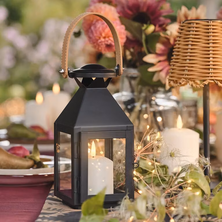 Lights4fun Brixham Small Black Leather Effect Handle Metal Lantern with TruGlow Pillar Candle and Remote Control