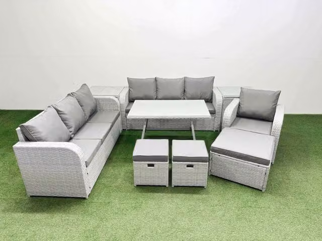 Fimous 9 Piece Light Grey PE Rattan Garden Furniture Set with 3 Seater Sofa, Armchairs, Ottomans and Side Tables