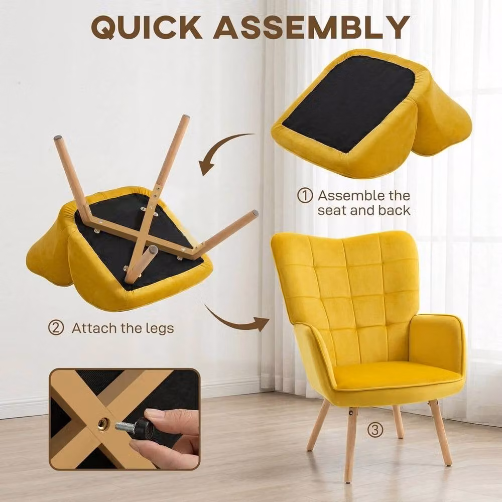 FORGEVIO Yellow Velvet Upholstered Tufted Wingback Armchair with Integrated Foam Seat Padding – 2
