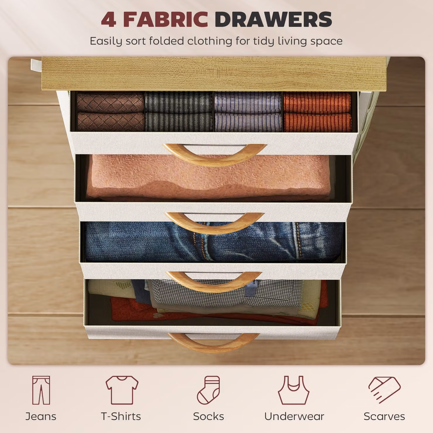HOMCOM Chest of Four Fabric Drawers in Beige – 2