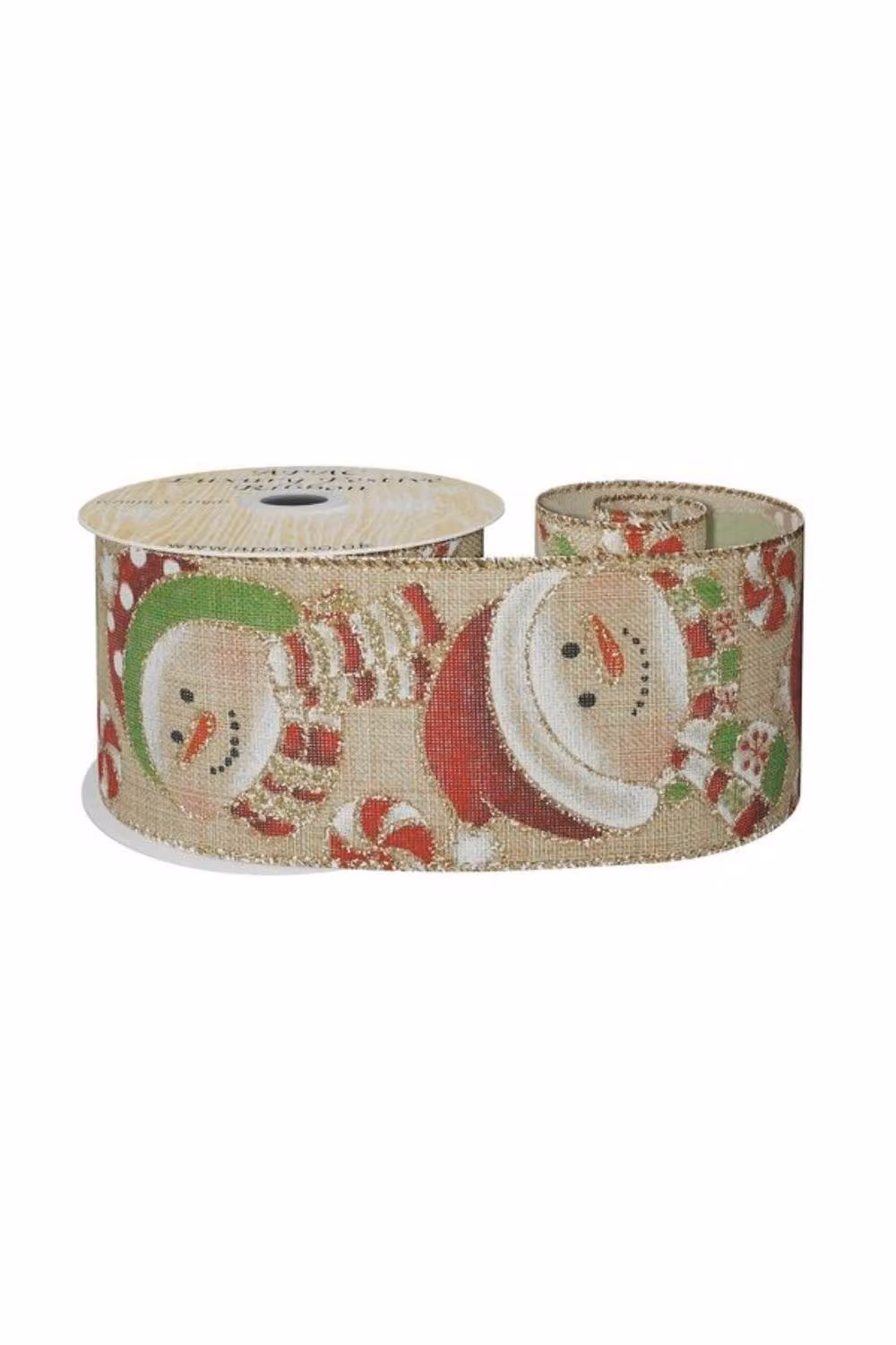 KDMD Natural Snowmen and Glitter Ribbon in Light Sand, Width: 6.3 cm, Length: 9.14 m – 2